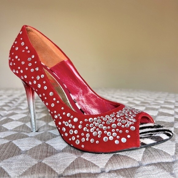 Roberto Botticelli Red Velvet & Rhinestone Heels Zebra Print EU 38 US 7.5 - 8 - Picture 2 of 15